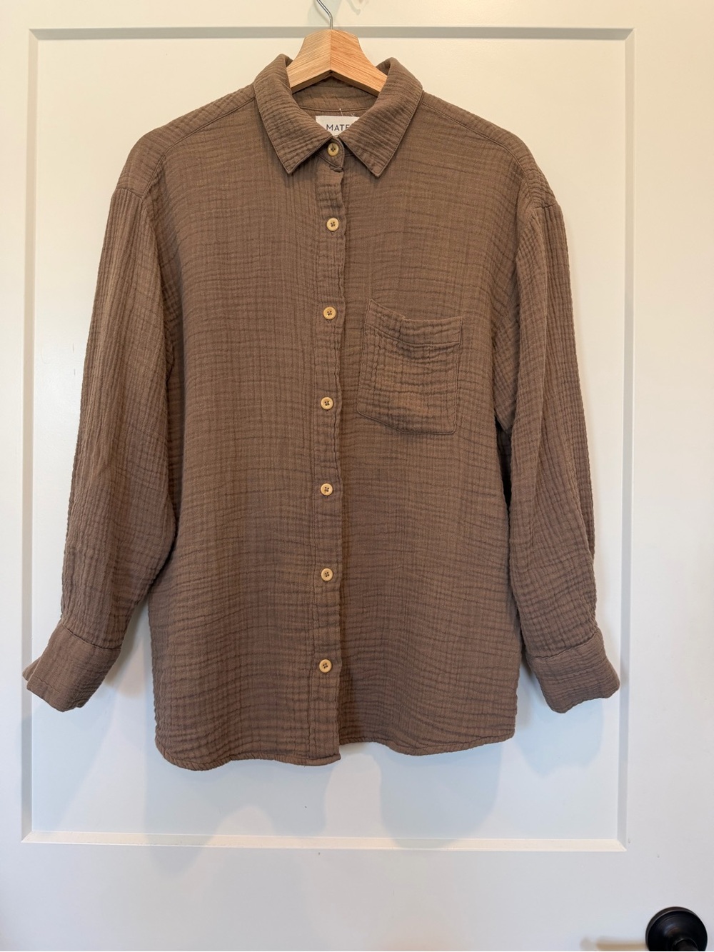 MATE Organic Cotton Gauze Tan Button Up Shirt Oversized Beach Minimalist size XS